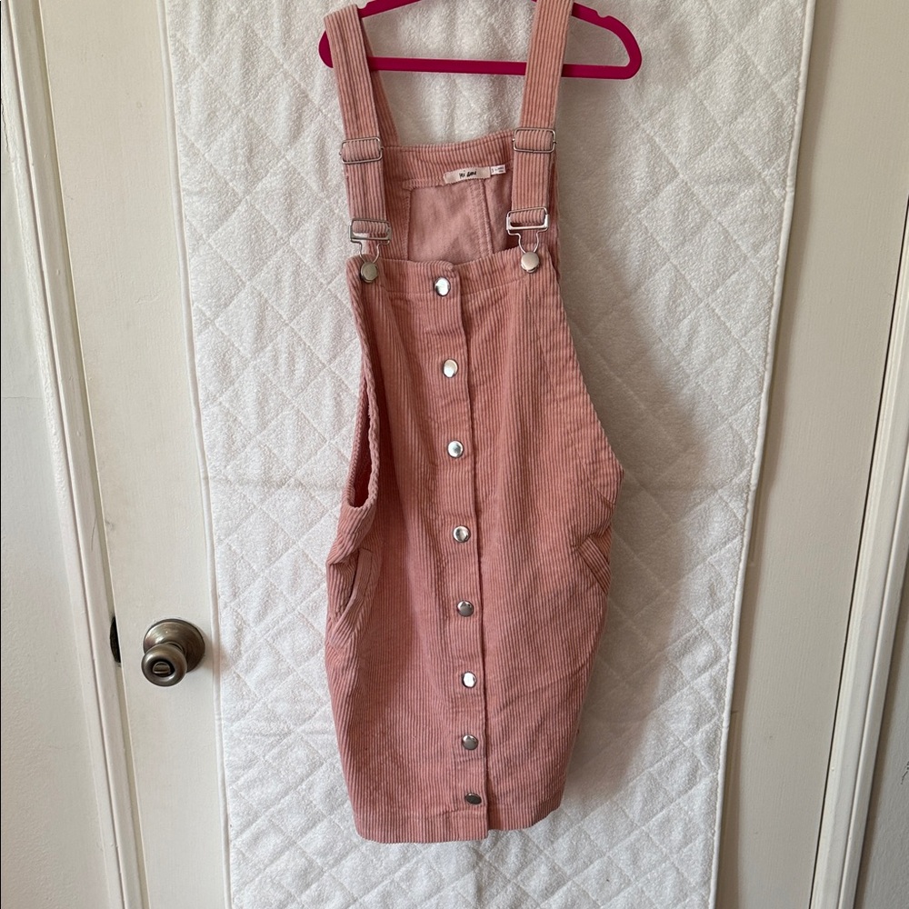 Pink Corduroy Button-Front Overall Dress